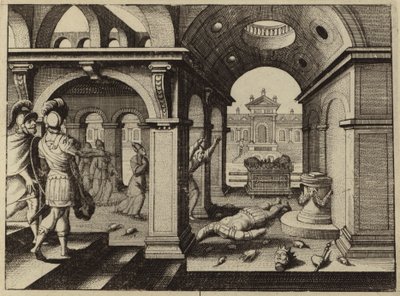 Arca de la Alianza capturada en el templo filisteo de Dagón (grabado) de European School