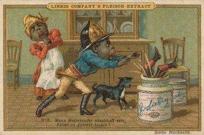 Caricatura africano cae en el frasco de extracto de carne Leibig de European School