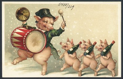 Celebración de los cerdos (litografía en color) de European School