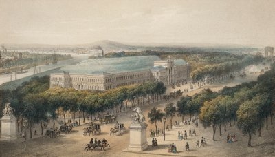 Campos Elíseos y Palacio de la Industria construidos para la Exposición Universal de 1855, París, Francia (litografía en color) de European School