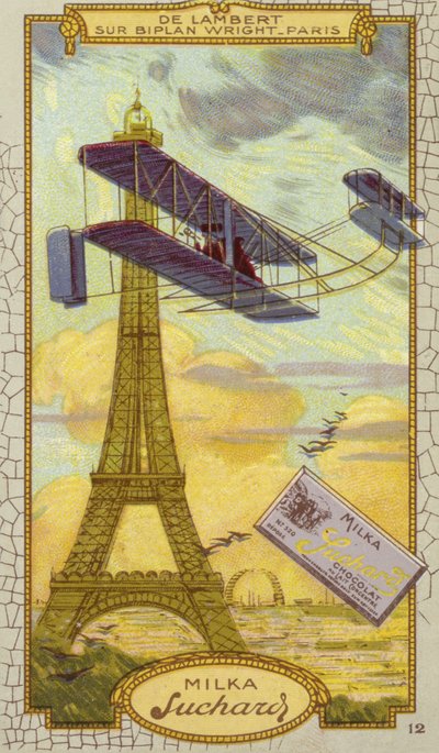 Charles de Lambert en un biplano Wright, París (cromolito) de European School