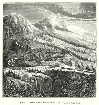 Ferrocarril de riel central, establecido en 1866, en el Mont-Cenis (grabado) de European School