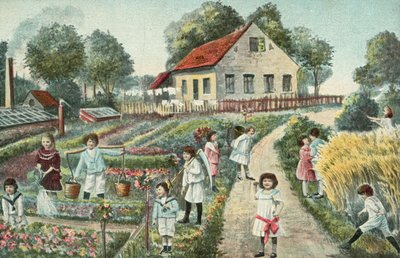 Niños en un jardín o huerto (litografía en color) de European School