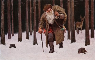 Tarjeta de Navidad, Papá Noel caminando por la nieve con una bolsa de regalos y un ciervo al fondo (litografía en color). de European School