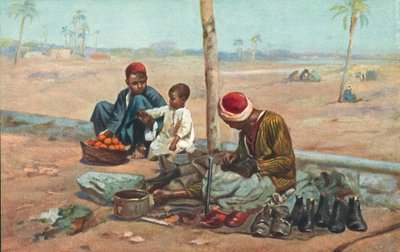 Zapatero y niños, Egipto (litografía en color) de European School