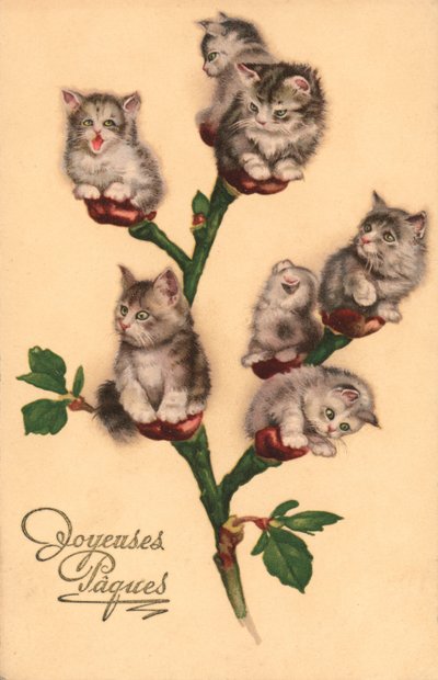 Gatos cómicos, como amentos (litografía en color) de European School