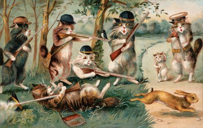 Gatos cómicos cazando conejos (litografía en color) de European School