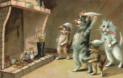 Gatos cómicos, esperando sus regalos de Navidad (litografía en color) de European School