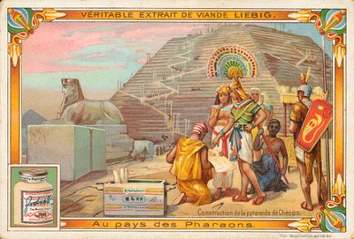 Construcción de la pirámide de Keops, tarjeta Liebig, principios del siglo XX (cromo) de European School