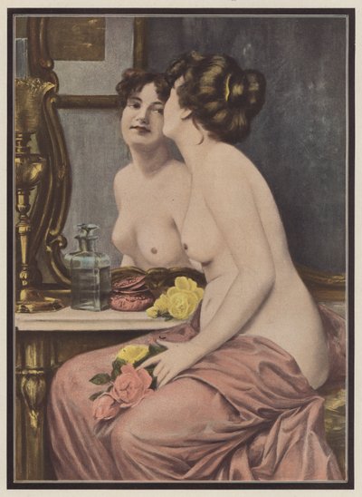 Coquetería, mujer ante un espejo (litografia color) de European School