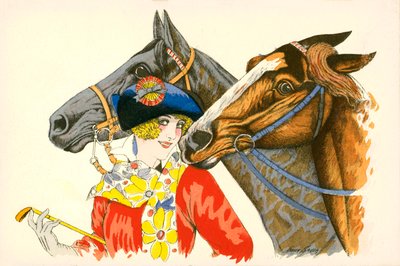 Mujer coqueta, vestida de colores, con una boina con una roseta, con dos caballos (litografía en color) de European School