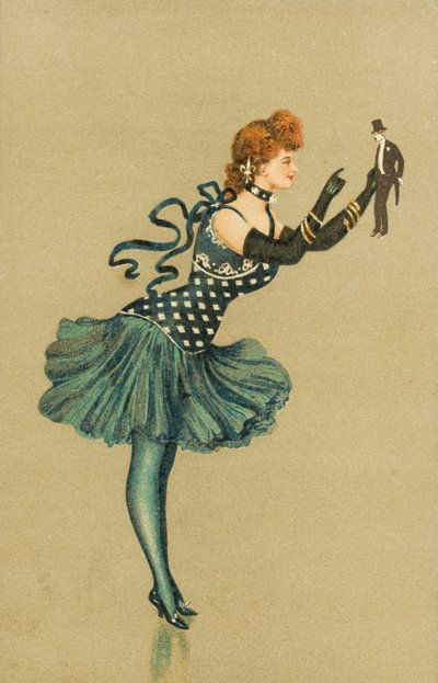 Bailarina sosteniendo una pequeña figura de hombre (cromolito) de European School