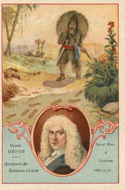 Daniel Defoe, novelista inglés, y una escena de Robinson Crusoe de European School