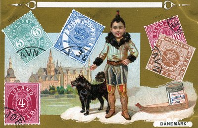 Sellos postales daneses e islandeses con un niño inuit y su perro, 1897 de European School