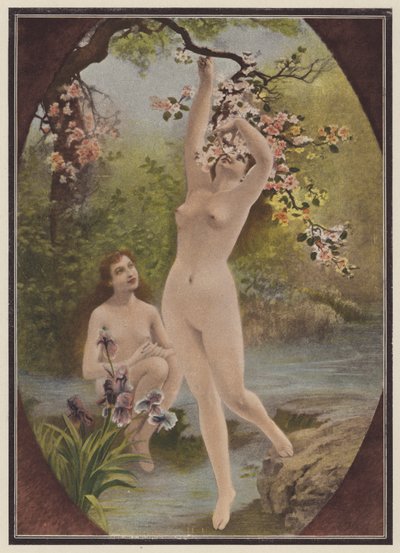 Hijas de Eva, mujeres con flor de árbol (litografia en color) de European School