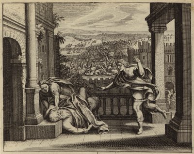 Muerte de Elí después de que los filisteos capturaran el Arca de la Alianza de manos de los israelitas (grabado) de European School