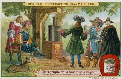 Denis Papin realizando pruebas de su motor de vapor de pistón frente a sus amigos, Marburg, Alemania, 1690 de European School