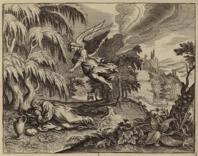 Elijah despertada por un ángel en el desierto (grabado) de European School