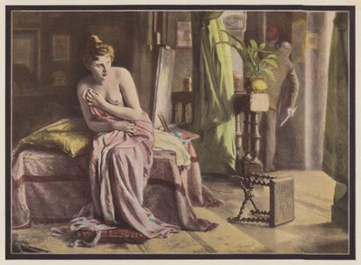 Emoción, mujer sentada en una cama (litografia en color) de European School