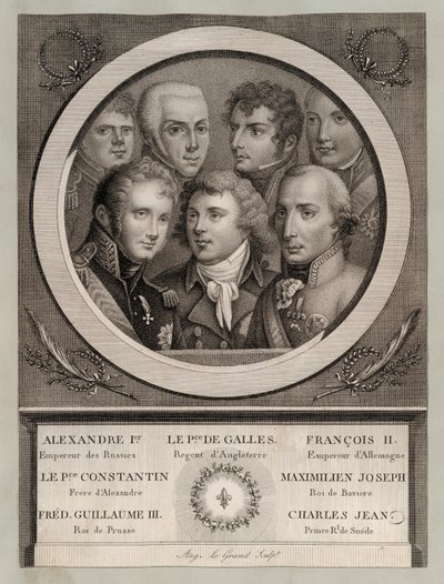 Realeza europea de principios del siglo XIX: El Zar Alejandro I de Rusia; Jorge, Príncipe de Gales, Regente del Rey Jorge III; Francisco II, Emperador del Sacro Imperio Romano Germánico; el Gran Duque Konstantin Pavlovich de Rusia; Maximiliano José, Rey de de European School