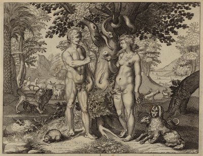 Eva tentada por la serpiente a comer del fruto del Árbol del Conocimiento (grabado) de European School
