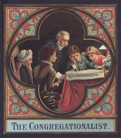 Familia leyendo una copia de The Congregationalist (chromolitho) de European School