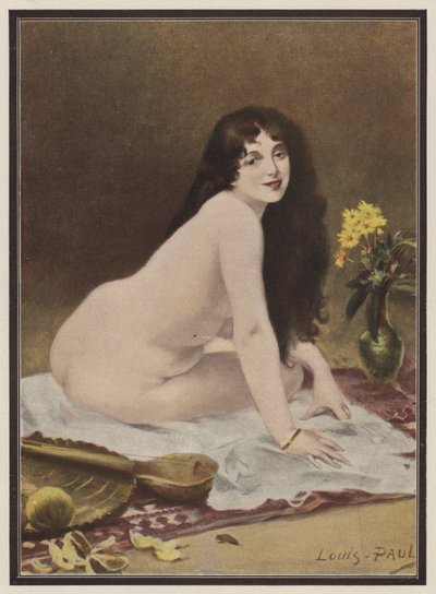 Fantasía, mujer sentada sobre una alfombra (litografia en color) de European School