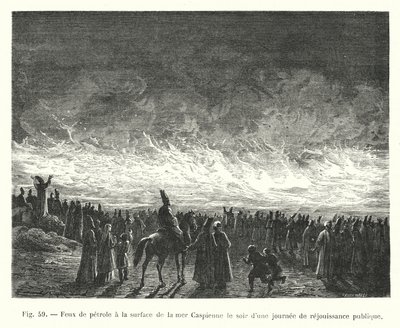 Fuegos de petróleo en la superficie del mar Caspio en la noche de un día de regocijo público (grabado) de European School