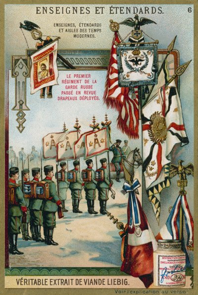 Primer Regimiento de la Guardia Rusa siendo revisado con banderas desplegadas de European School