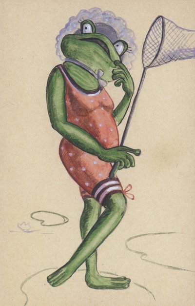 Rana con traje de baño y red de pesca (litografía en color) de European School