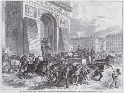 Fugitivos del bombardeo del ejército francés en Neuilly pasando por el Arco de Triunfo, Comuna de París, abril de 1871 de European School