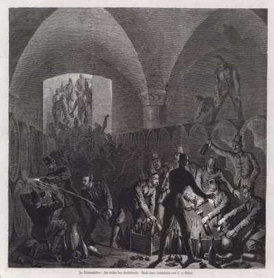 Soldados alemanes ayudándose con el contenido de la bodega de la Catedral de Thionville, Francia, Guerra Franco-Prusiana de European School