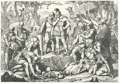 Germanicus enterró los huesos de los soldados de las tres legiones romanas comandadas por Publius Quinctilius Varus destruidas por los alemanes en la batalla del bosque de Teutoburg en el 9 a. C. (grabado) de European School