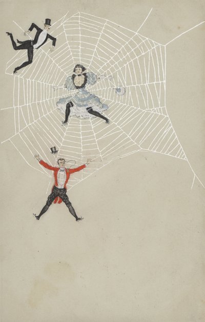 Chica atrapando hombres en una tela de araña (litografía en color) de European School