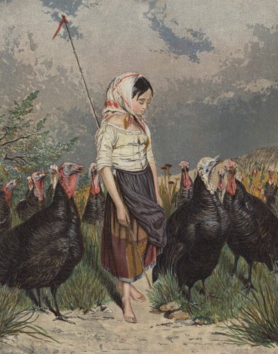 Niña cuidando una bandada de pavos (litografía en color) de European School