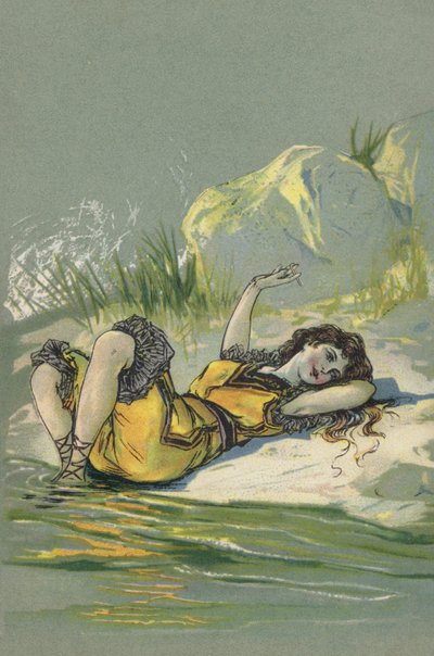 Chica tumbada en una playa o a orillas de un río (litografía en color) de European School