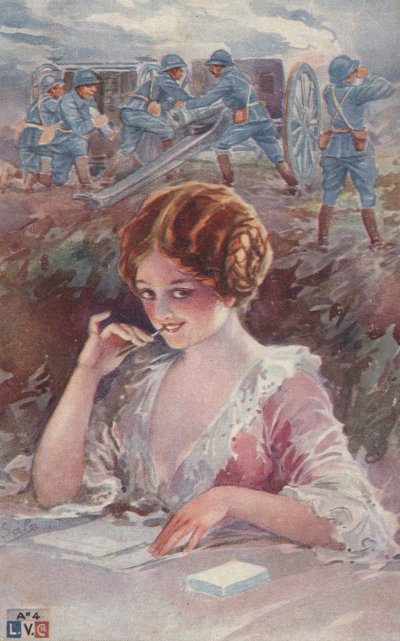 Niña escribiendo a un soldado (litografía en color) de European School