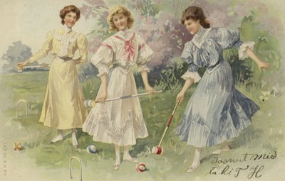 Niñas jugando al croquet (cromolito) de European School