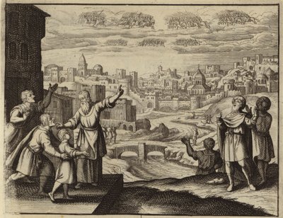 Caballería vestida de oro en el aire sobre Jerusalén (grabado) de European School