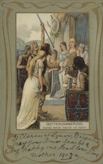Gotterdammerung, Siegfried recibe a Brunilda y Gunther (litografía en color) de European School