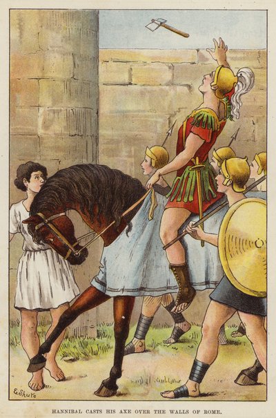 Aníbal arrojando su hacha sobre los muros de Roma (chromolitho) de European School