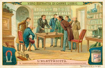 Hans Christian Oersted mostrando a sus amigos la desviación de la aguja magnética bajo la influencia de una corriente eléctrica, 1820 de European School