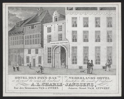 Hotel Des Pays Bas, Nederlands Hotel, A L Charle-Janssens, Anvers, Amberes (grabado) de European School