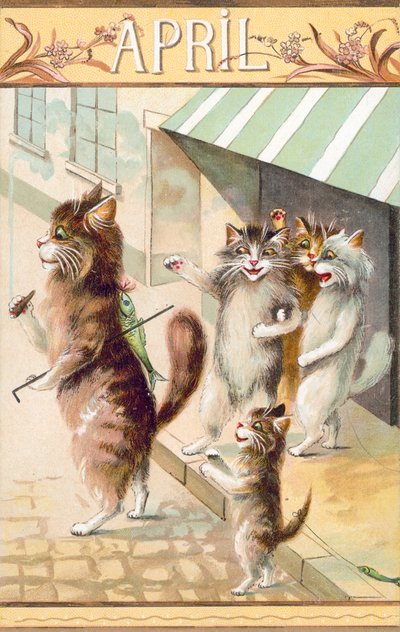 Postal humorística de gatos (litografía en color) de European School