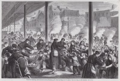 Parisienses hambrientos pidiendo comida a los soldados alemanes acampados en la plaza del mercado de St Denis después del fin del Sitio de París, Guerra Franco-Prusiana de European School