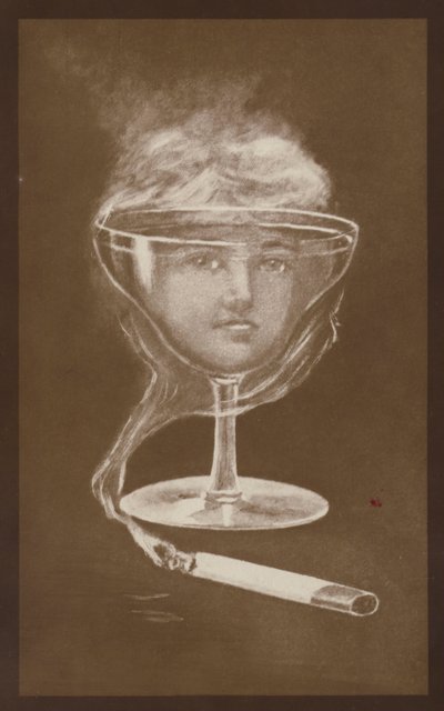 Imagen de la cara de una mujer, creada por una copa de vino y el humo de un cigarrillo, c1917 (litografía) de European School