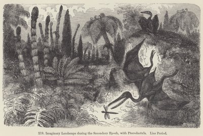 Paisaje imaginario durante la Época Secundaria, con Pterodáctilos, Período Lias de European School