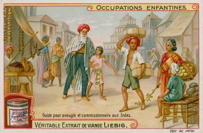 Niños indios trabajando como guías para ciegos y haciendo recados de European School