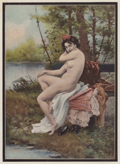 Indolencia, mujer sentada en un banco (litografia en color) de European School