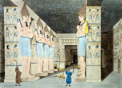 Interior del Templo de Ramsés en Abu Simbel (grabado coloreado) de European School
